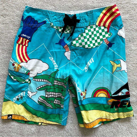 REEF NOVELTY PRINT BOARD SHORTS MENS SIZE 32 FUN ARTSY CARTOON FUNNY BEACH - Picture 7 of 7